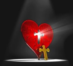 Red heart puzzle with a gold cross as the missing center piece under a spotlight on a dark background